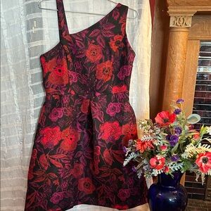 Danny & Nicole One-Shoulder Floral Dress in Red and Purple